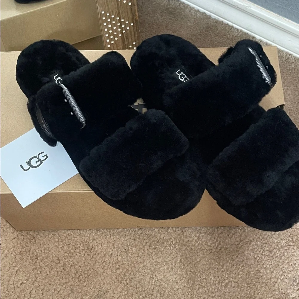 UGG Black Fluffy Sandals